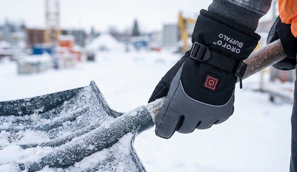 Close-up of a person wearing glove shoveling snow and ice during winter.