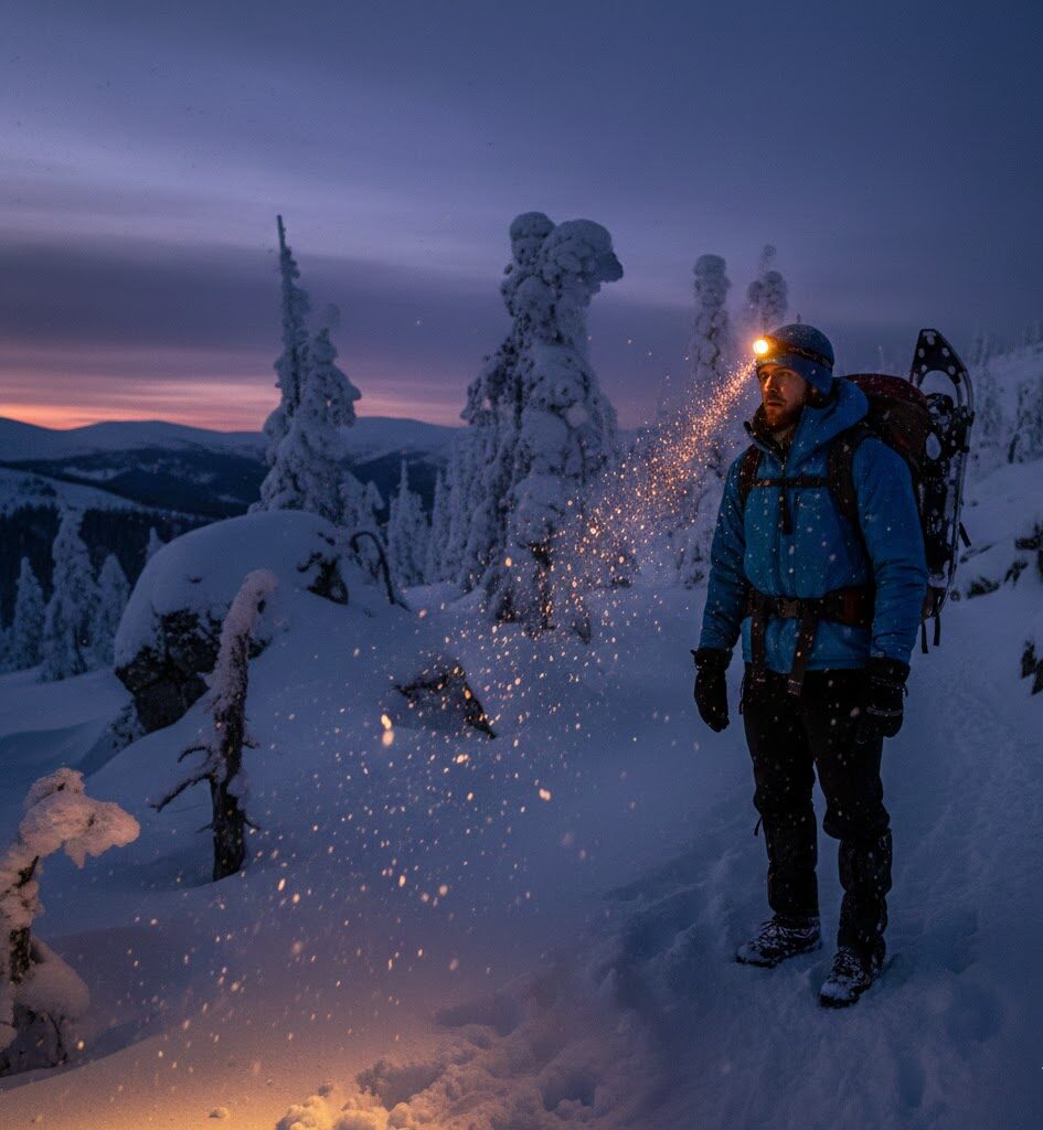 Winter hiker wearing bright headlamp on snowy mountain trail at dusk with beam illuminating falling snow