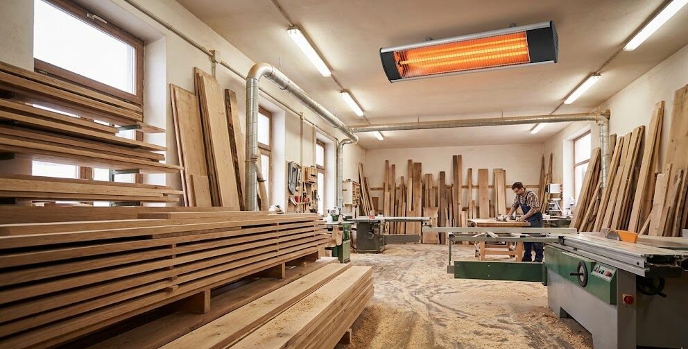portable heater in a woodworking shop