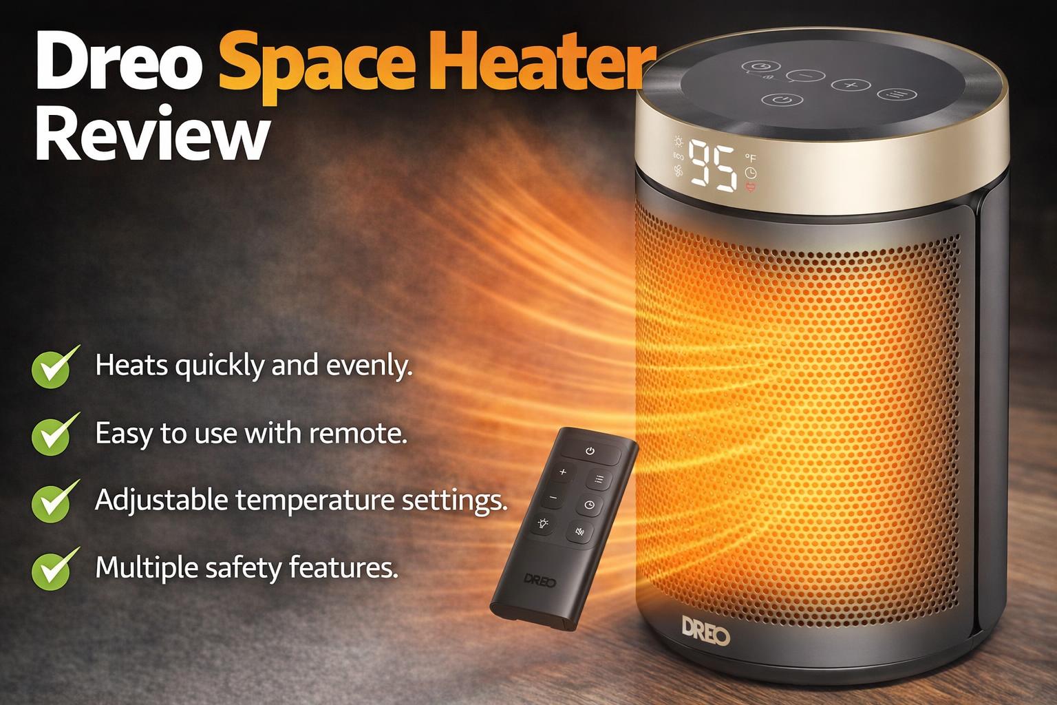 Efficient portable space heater with remote control and adjustable temperature settings.