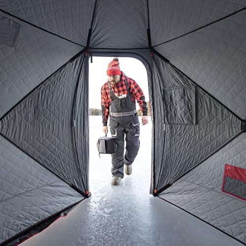 Eskimo QuickFish™ 3HD, Pop-Up Portable Shelter, No-Trip Door, Red/Black, Fully Insulated, Deluxe Ice Anchors, Three Person, Ice Fishing Shelter, 46075