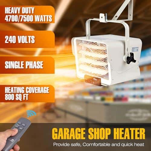 DR. INFRARED HEATER NEW Upgraded DR-975 7500-Watt 240-Volt Hardwired Shop Garage Electric Heater, Wall/Ceiling Mounted with Remote Controlled Thermostat White