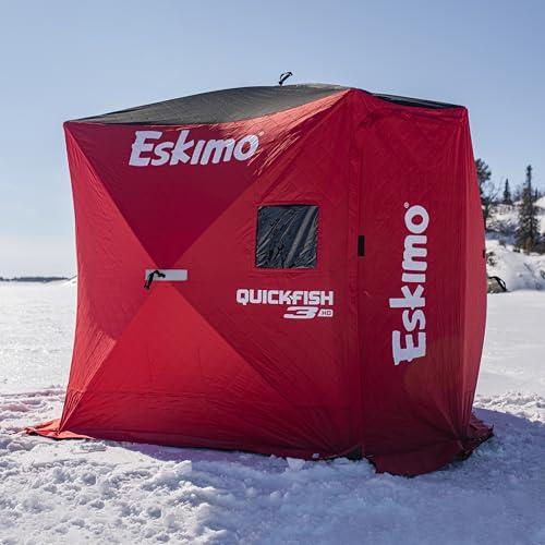 Eskimo QuickFish™ 3HD, Pop-Up Portable Shelter, No-Trip Door, Red/Black, Fully Insulated, Deluxe Ice Anchors, Three Person, Ice Fishing Shelter, 46075