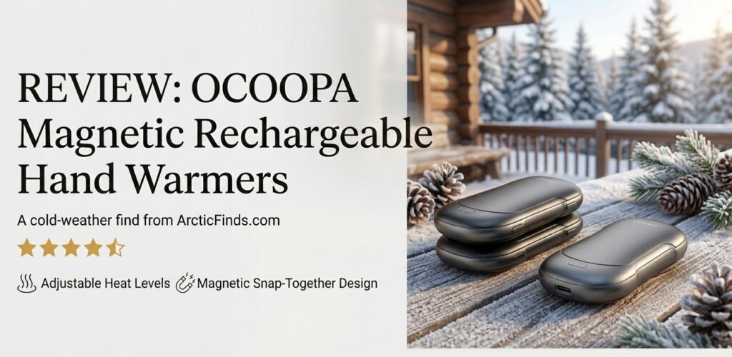 OCOOPA rechargeable magnetic hand warmers on a wooden deck with winter scenery.