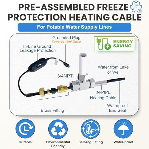 MAXKOSKO Inside the Pipe Self Regulating Heating System, CSA Certified Freeze Protection Heating Cable for Portable Water Pipes from Lakes, Reservoirs, Wells or Springs, 30 Ft 120V