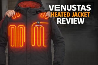 Heated jacket with glowing heating elements, ideal for outdoor warmth in cold weather.