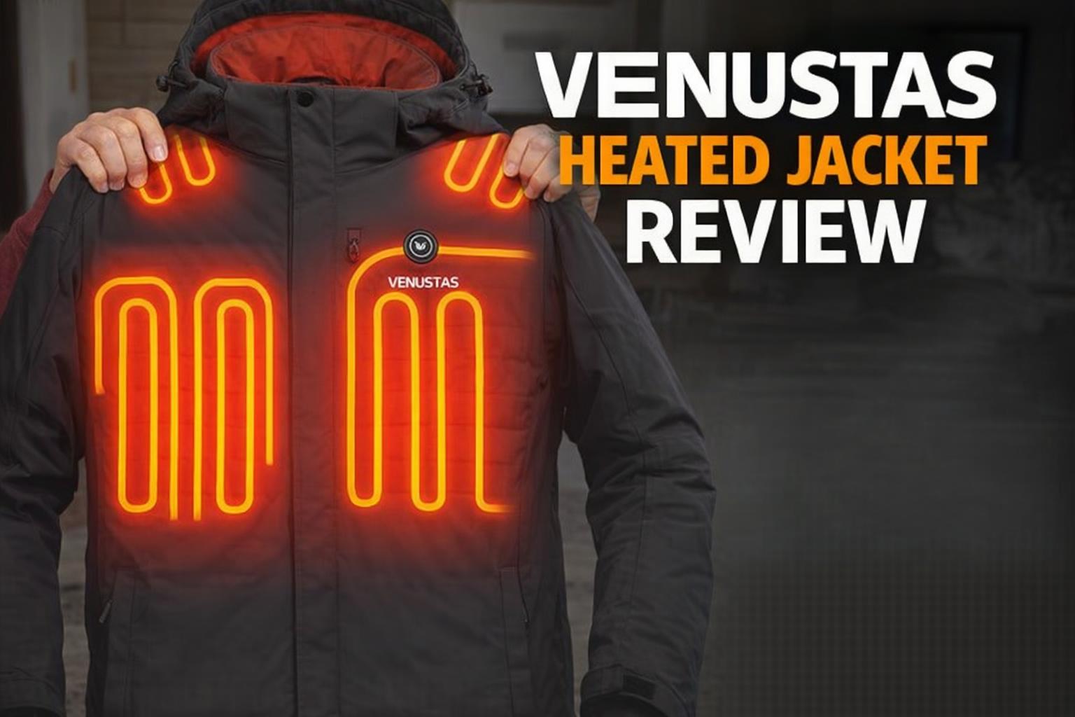 Heated jacket with glowing heating elements, ideal for outdoor warmth in cold weather.