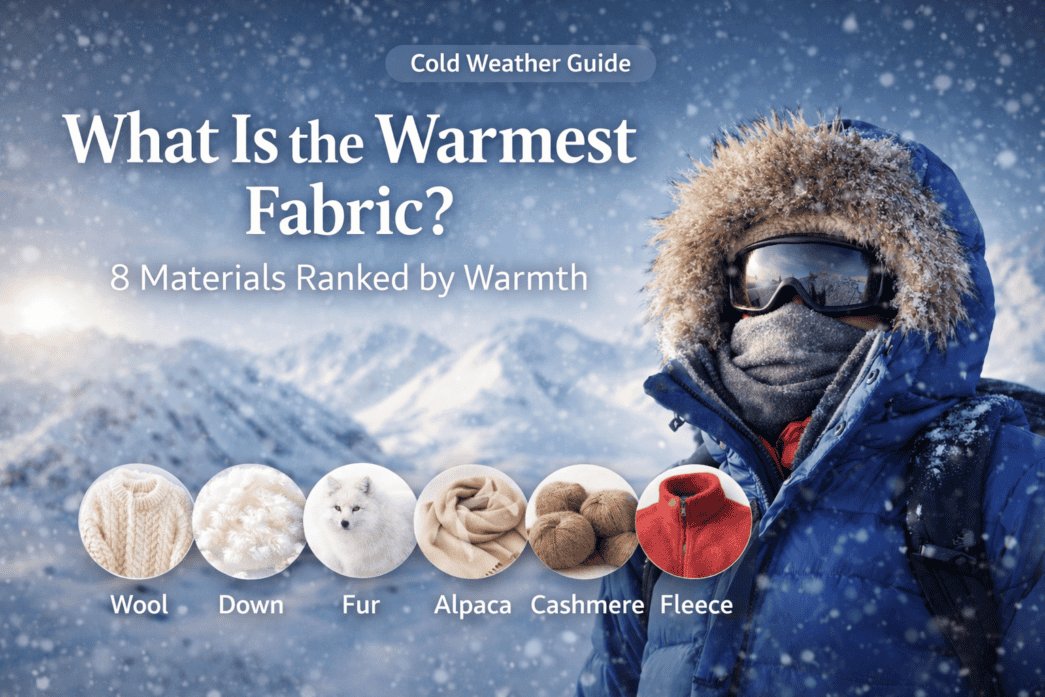 Person in winter gear with snowy background, highlighting warm fabric materials.