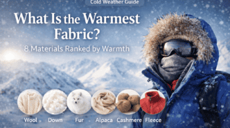 Person in winter gear with snowy background, highlighting warm fabric materials.