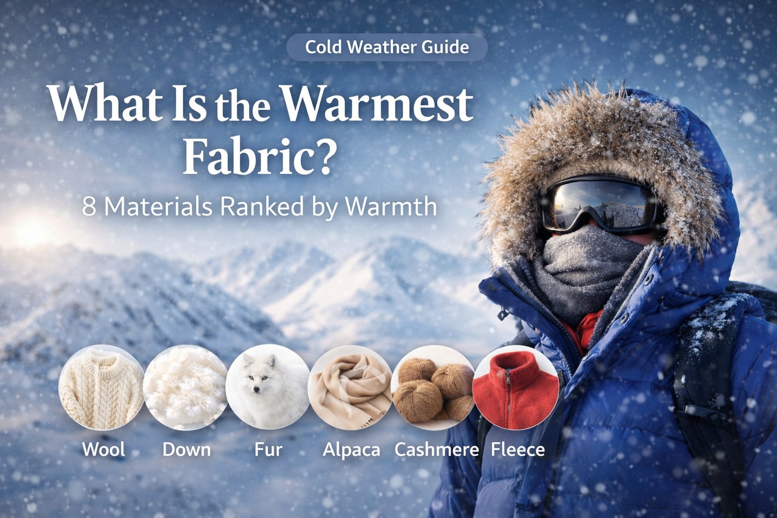 Person in winter gear with snowy background, highlighting warm fabric materials.
