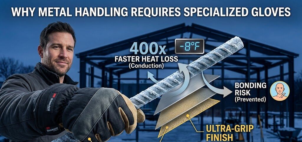 Durable winter gloves designed for metal handling and cold environments.