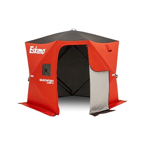 Eskimo QuickFish™ 3HD, Pop-Up Portable Shelter, No-Trip Door, Red/Black, Fully Insulated, Deluxe Ice Anchors, Three Person, Ice Fishing Shelter, 46075