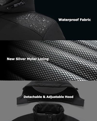 Venustas Men's Heated Jacket with Battery Pack, Waterproof & Windproof Electric Insulated Heated Coat with Detachable Hood