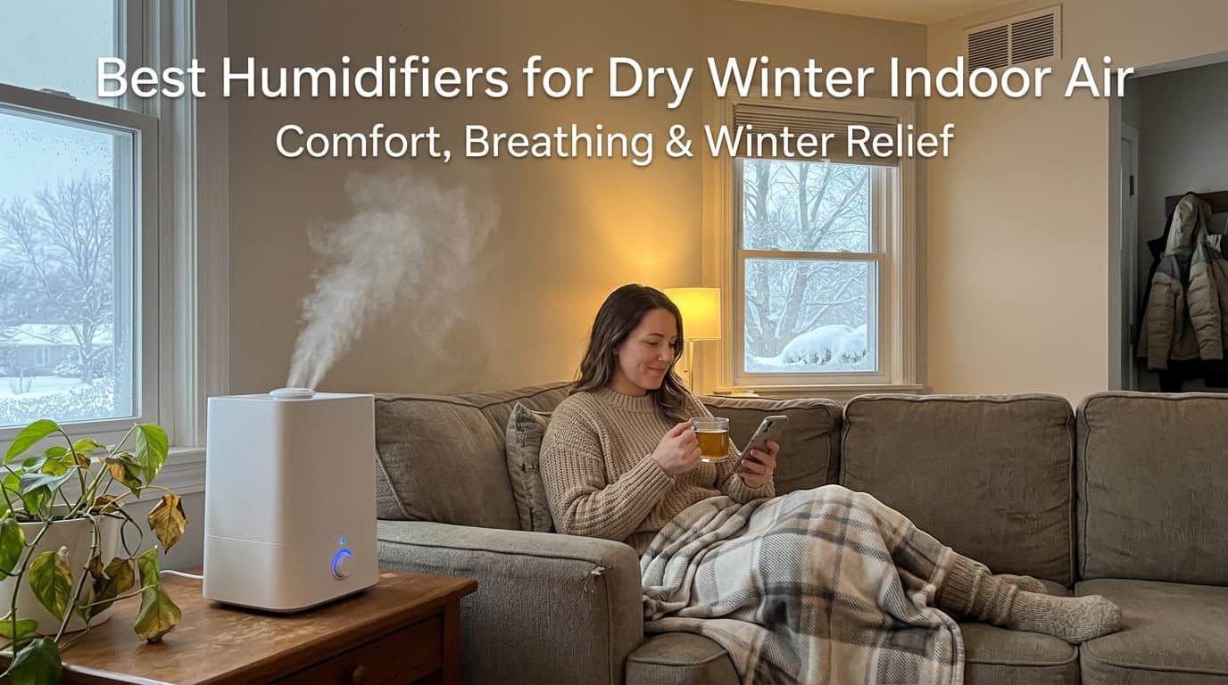 White humidifier emitting mist in cozy living room setting.