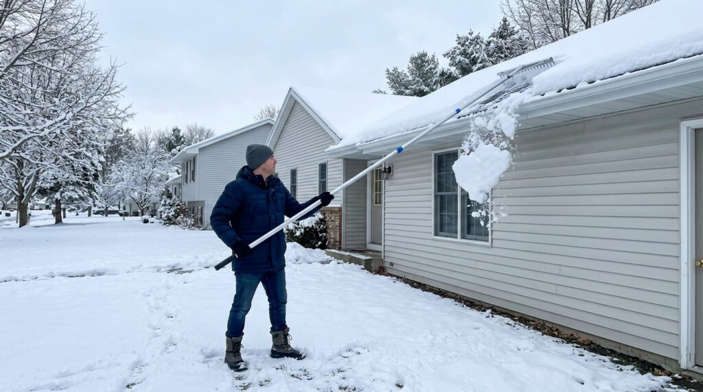 Person using a snow rake to remove snow from roof in winter.