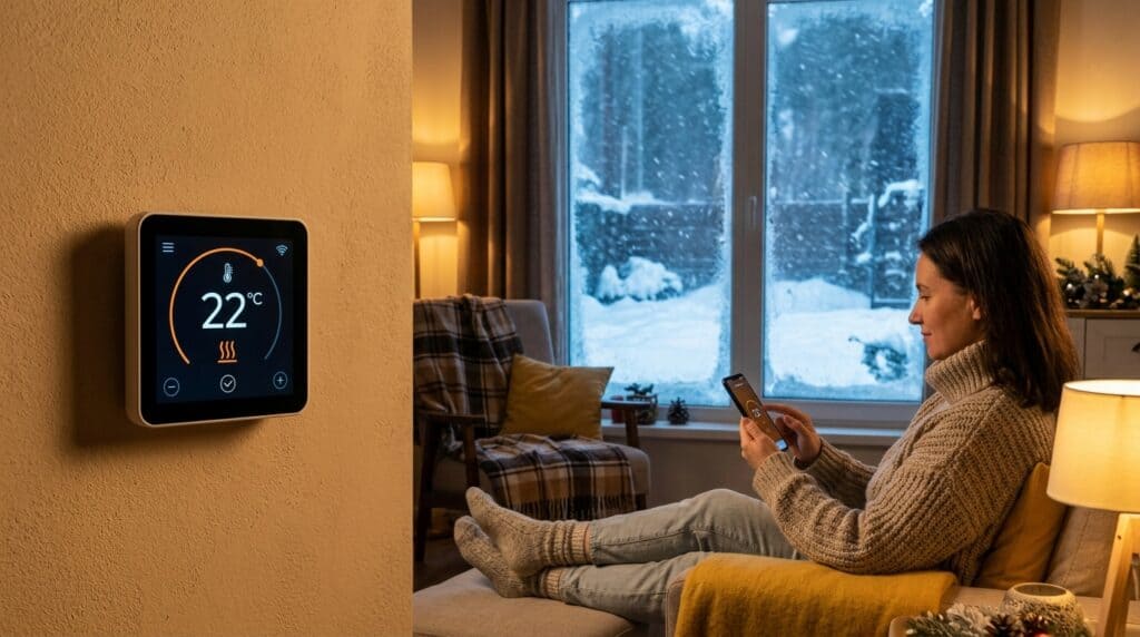 Woman relaxing at home with smart thermostat showing 22°C and snowy view outside.
