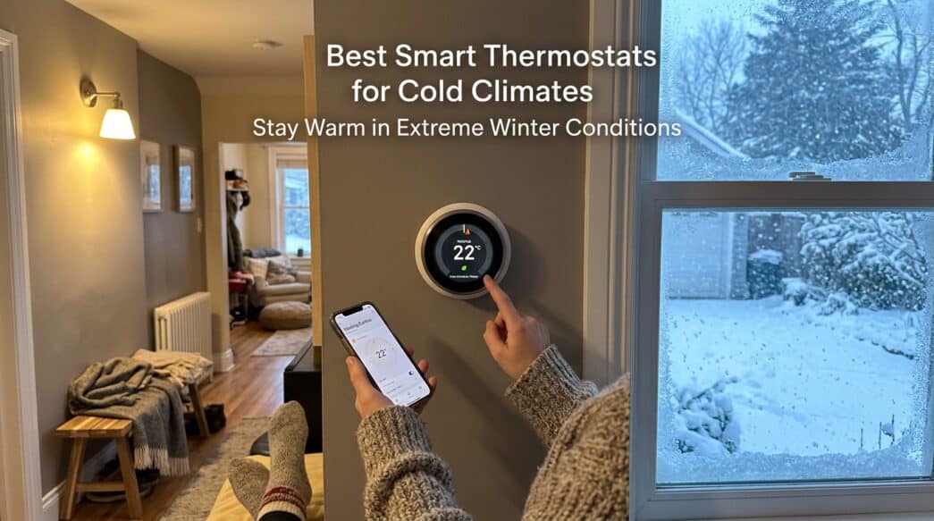 Smart thermostat controlling temperature in a cozy home during winter.