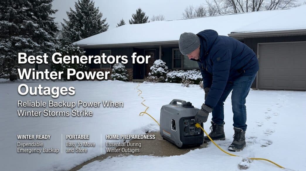 Man using portable generator in snow for winter power backup.