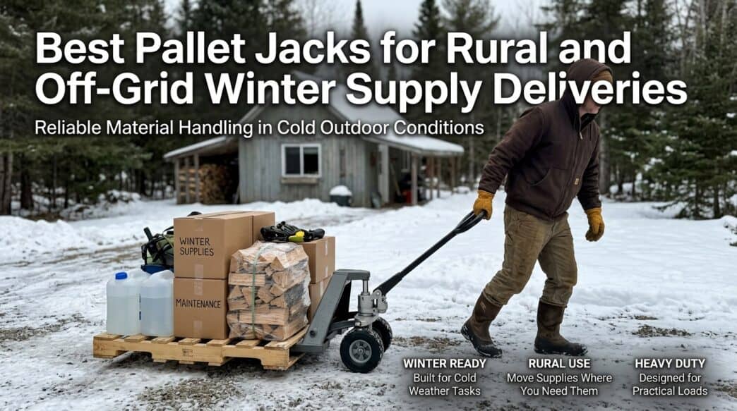 Heavy-duty pallet jack in snow for winter deliveries in rural areas.