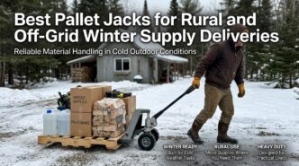 Heavy-duty pallet jack in snow for winter deliveries in rural areas.