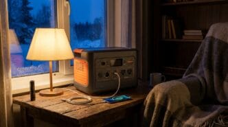 Compact portable power station on wooden table by window with lamp and cozy blanket.