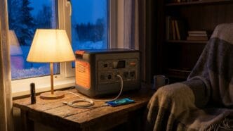 Compact portable power station on wooden table by window with lamp and cozy blanket.
